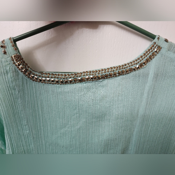 Mint Green Gauze and Fringe Open back Top w Bronze sequins Size M-L - Picture 6 of 9